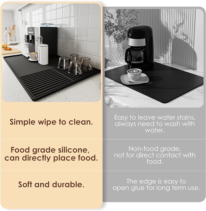 Silicone Coffee Mat with Raised Edges, , 24'' x 16'', Bar Mat for Countertops, Bar Accessories, Coffee Maker Mat, Espresso Machine, Dish Drying Mat (BLACK)