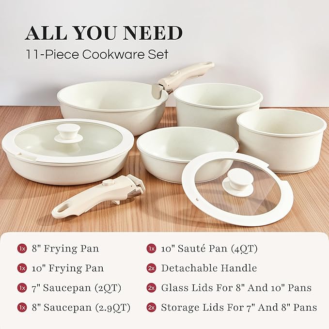 GOURMETIFIC® Pots and Pans Cookware Set [11 PIECES] - Non Toxic Ceramic Coated Cooking Ware - Induction, Gas & Oven Kitchenware - Non Stick Pot & Pan with Removable Handles & Stackable (Lavender)