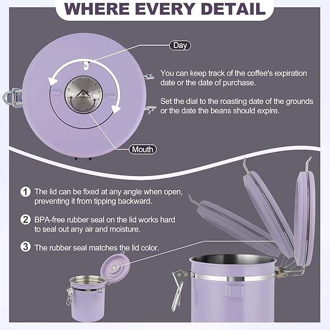 ShanSon Coffee Canister Airtight Coffee Container Stainless Steel Coffee Bean Storage Container with Scoop Coffee Canister for Beans Grounds Sugar Flour Tea Cereal,16OZ, Purple Upgraded Version