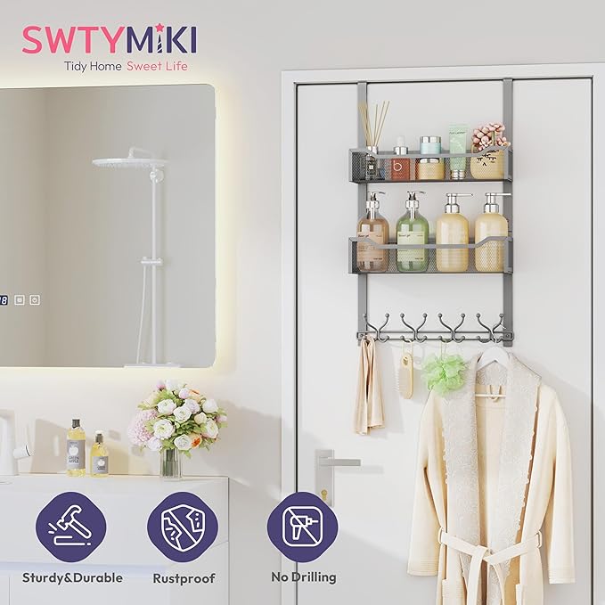 SWTYMIKI Over The Door Hooks Organizer - Multi-Functional Door Hanger with 16 Hooks & 2 Mesh Baskets, Long Coat Rack for Bathroom, Bedroom, Living Room, Home Storage Organizer, Gray