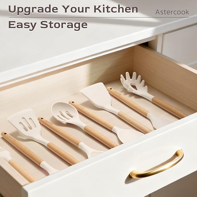 Astercook Kitchen Utensils set, 39 PCS Silicone Cooking Utensils Set with Wooden Handle, 446°F Heat Resistant Food Grade Utensil Sets, BPA Free Kitchen Gadgets Tools Set for Mothers Day Gifts