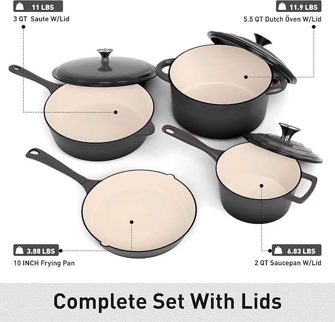 MAISON ARTS 7 Piece Enameled Cast Iron Cookware Set, Induciton Dutch Oven Pot with Lid, Grey Non Toxic Pots and Pans set, PFOA-PFOS Free