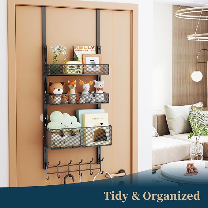 Consumest Over The Door Hooks Organizer - 4 Tier Door Coat Rack with 3 Baskets and 12 Hooks, Stainless Steel Towel Hanger for Bedroom, Bathroom, Living Room, Black