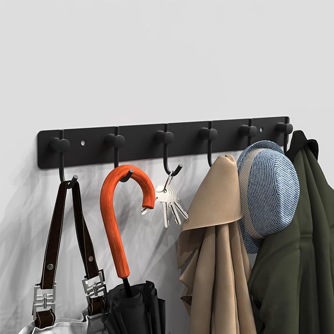 VAEHOLD Wall Hooks for Hanging, Black Coat Rack Wall Mount with 6 Coat Hooks, Towel Hanger, Hat Hooks, Robes Hook in Bathroom, Bedroom, Kitchen, Living Room (1PACK)