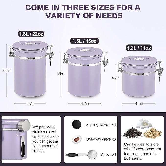 ShanSon Coffee Canister Airtight Coffee Container Stainless Steel Coffee Bean Storage Container with Scoop Coffee Canister for Beans Grounds Sugar Flour Tea Cereal,16OZ, Purple Upgraded Version