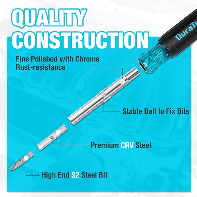 DURATECH Screwdriver, Multi Bit 11-in-1 Screw Driver & Nut Driver Set, Premium S2 Steel Bits, Portable Screw-driver, with Phillips, Slotted, Torx, Square Bits