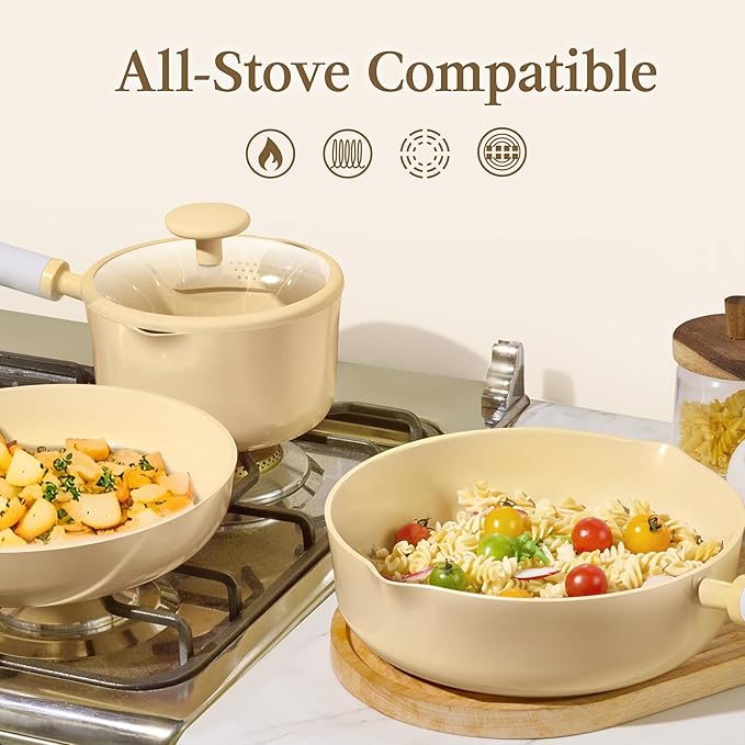 CAROTE Ceramic Cookware Set Nonstick, 9pcs Pots and Pans Set Non stick, Non-Toxic & PFAS-Free,Dishwasher, RV/Camping Cookware Set,Sauce Pan with Lid, Yellow