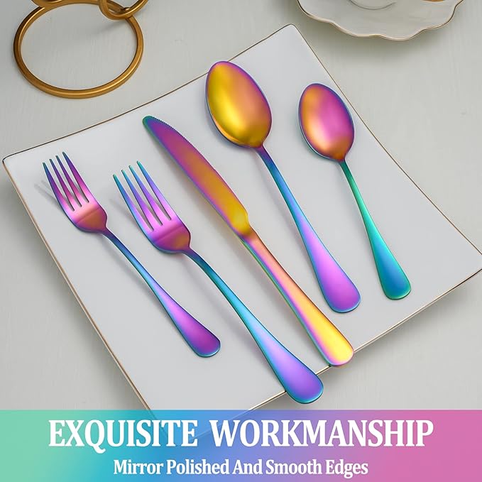 60 Pcs Rainbow Silverware Set Service for 12,Stainless Steel Flatware Serving Sets,Kitchen Tableware Set,Utensil Set for Home and Restaurant,Knives Forks Spoons Set,Mirror Polished,Dishwasher Safe