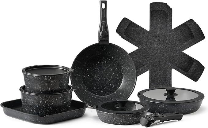 VEVOR 17 Piece Pots and Pans Set, Granite Nonstick Detachable Handle Cookware, Space Saving Induction Cookwares, Kitchen RV Cooking Sets with Frying, Sauce, Saute, Tempered Glass Lid, Oven Safe, Black