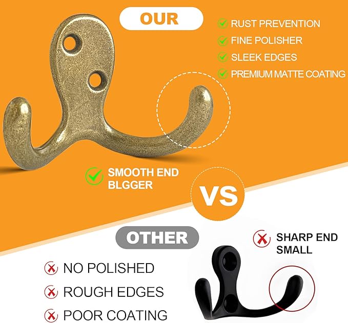 10 Pack Coat Hooks Wall Hooks for Hanging, Heavy Duty Double Prong Metal Hook Wall Mounted for Living Room, Bathroom, Kitchen, Bedroom for Coat, Bag, Scarf, Towel, Hat, Key, Cup (Bronze)