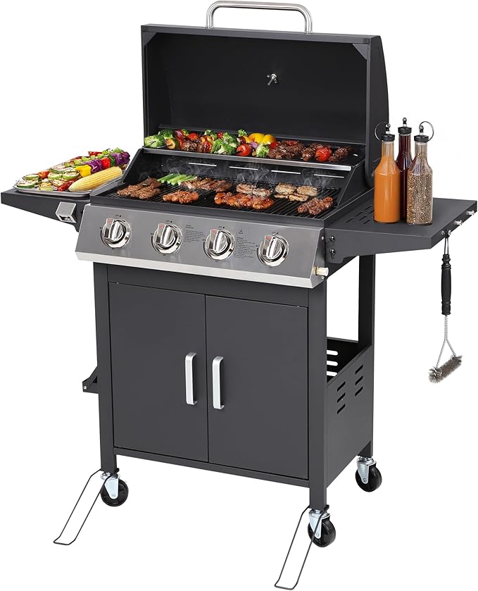4-Burner Propane BBQ Grill, Stainless Steel Outdoor Gas Grill with 40,000 BTU, Porcelain-Coated Grates and Foldable Side Shelves, Perfect for Patio & Backyard Cooking (Black)