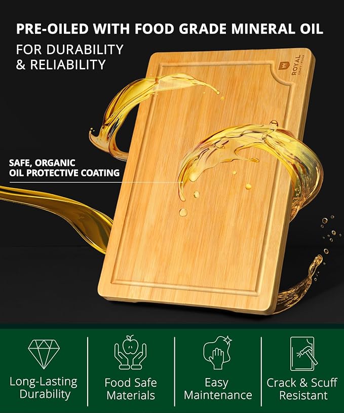 ROYAL CRAFT WOOD Organic Bamboo Cutting Board with Juice Groove - Chopping Board for Meat Butcher Block Cheese and Vegetables, 12x8"