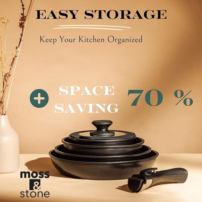 Moss & Stone 10pcs Nonstick Cookware Pans with Removable Handles, Space Saving Pots and Pans with Removable Handles, RV Pots and Pans Set for Camping, Oven and Induction Ready
