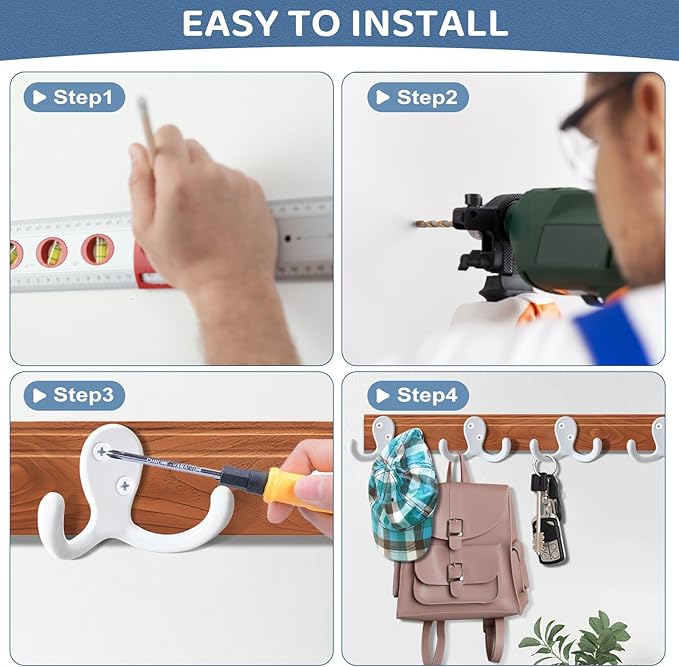 20 Pack Coat Hooks Wall Hooks for Hanging, Heavy Duty Double Prong Metal Hook Wall Mounted for Living Room, Bathroom, Kitchen, Bedroom for Coat, Bag, Scarf, Towel, Hat, Key, Cup (White)