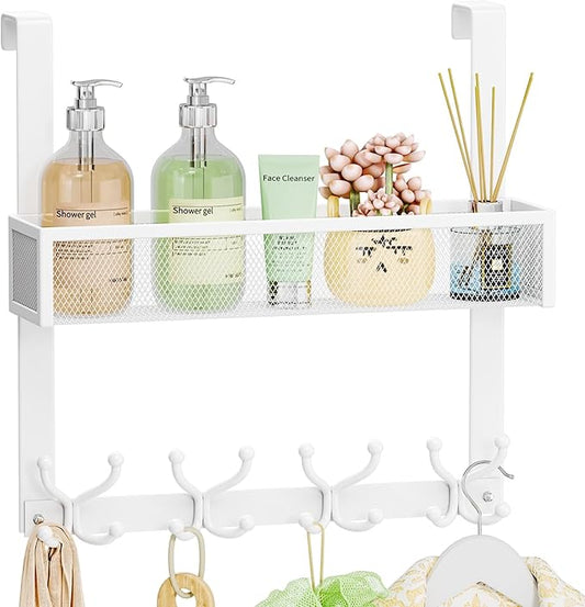 SWTYMIKI Over The Door Hook with 16 Hooks & Mesh Baskets - Heavy Duty Over The Door Organizer Hanger for Towels, Coats, Clothes - Space Saving Hanging Rack for Bathroom, Living Room, White