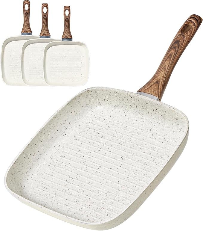 Sweetcrispy Nonstick Grill Pans Set, 3 Piece Square Frying Pan Skillet Set with Stay Cool Handle & PFOA Free, Compatible with All Stovetops (9.5" 10" 11") Beige