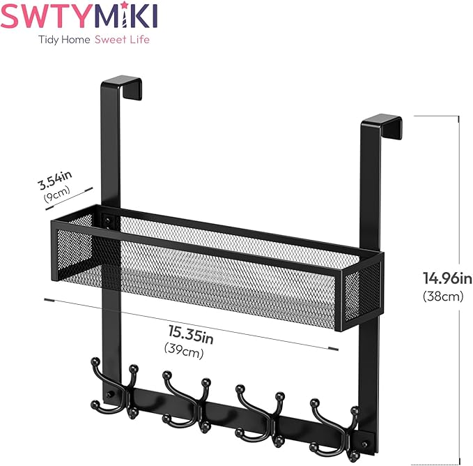 SWTYMIKI Over The Door Hook with 16 Hooks & Mesh Baskets - Heavy Duty Over The Door Organizer Hanger for Towels, Coats, Clothes - Space Saving Hanging Rack for Bathroom, Living Room, Black