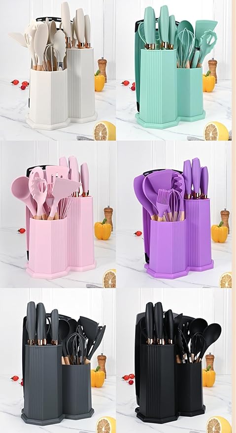 Kitchen Utensils Set,19 Pcs Cooking Tools and Knives Set,Cutting Board, Silverware Set, with Utensil Holder Precision Cutting and Organized Dining Kitchen Tool (Grey)
