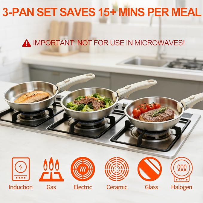 Stainless Steel Pan With Detachable Handle - 11''/9.5''/8'' 304 Stainless Steel Pots and Pans set, Induction Compatible, Dishwasher Safe, Fast & Even Heating, Thickened & Long-Lasting