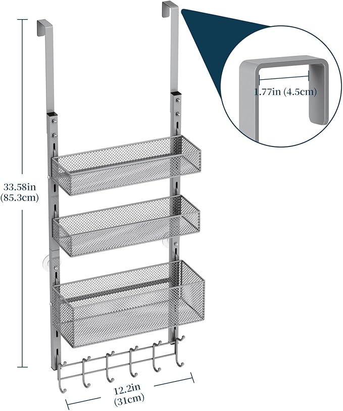 Consumest Over The Door Hooks Organizer - 4 Tier Door Coat Rack with 3 Baskets and 12 Hooks, Stainless Steel Towel Hanger for Bedroom, Bathroom, Living Room, Silver