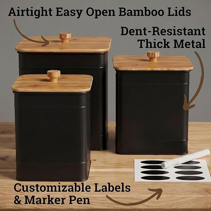 Kitchen Canisters for Countertop Set of 3 with Customizable Chalkboard Labels & Marker Pen - Big Iron Kitchen Canisters with Airtight Lids - Black Canister Set - Flour and Sugar Containers Farmhouse