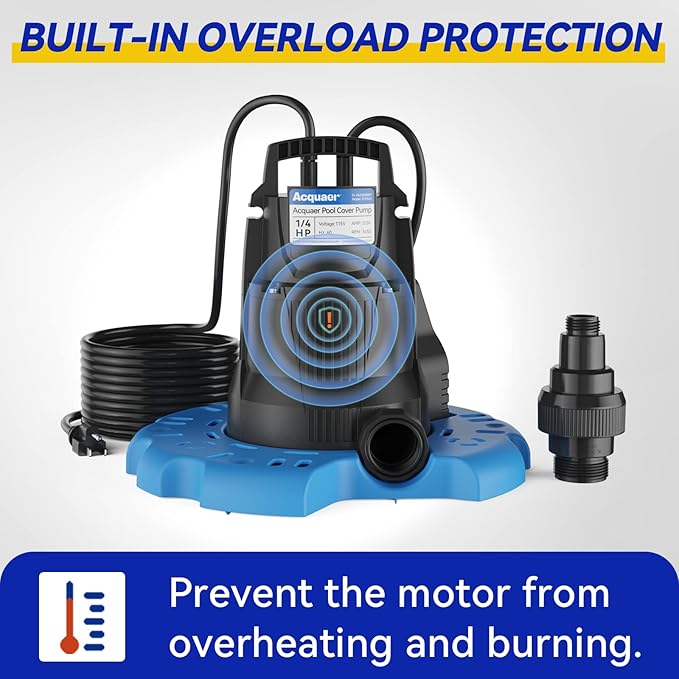 Acquaer 1/4 HP 自動プールカバーポンプ、2250 GPH 水中サンプポンプ 3/4インチチェックバルブアダプター & 25フィート電源コード付き、プール、温水浴槽、屋根、ウォーターベッドなどからの排水に