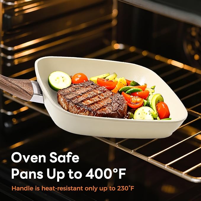 Sweetcrispy Nonstick Grill Pans Set, 3 Piece Square Frying Pan Skillet Set with Stay Cool Handle & PFOA Free, Compatible with All Stovetops (9.5" 10" 11") Beige