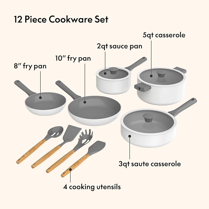 So Yummy by bella 12 Piece Cookware Set w EverGood™ Ceramic Nonstick Coating and Silicone & Wood Utensils, Dishwasher Safe Silicone & Glass Lids, Oven Safe & All Stovetop Compatible, Frost, So Yummy