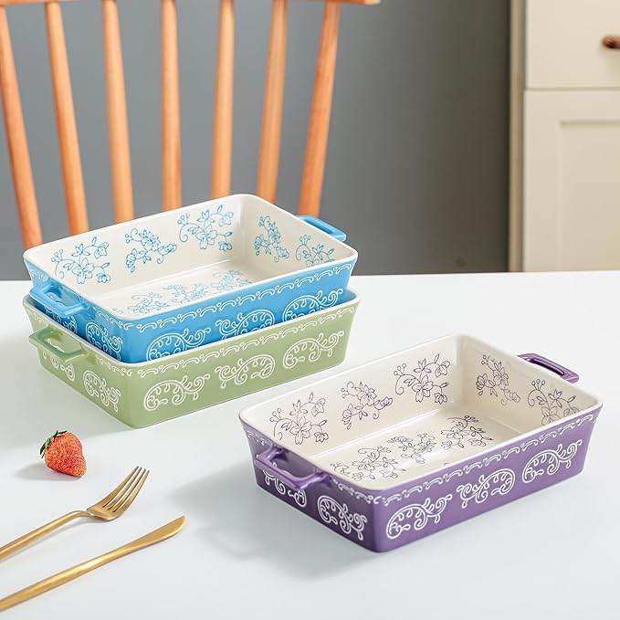 Domini Casserole Dishes for Oven, Ceramic Baking Dishes for Oven Set of 2, Lasagna Pan Deep, Baking Pan Set Square Casserole Dish Set with Handles for Baking, Pattern Purple(11.4+8.5inch)
