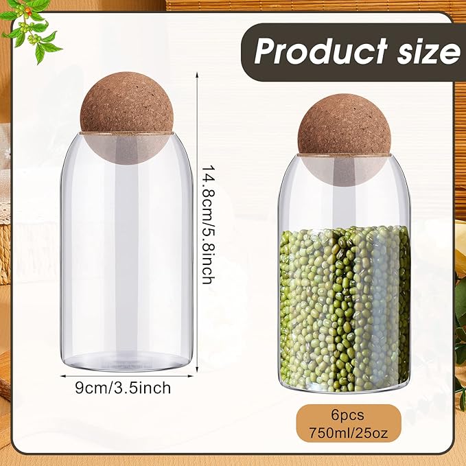 Suclain 6 Pcs Glass Jars with Cork Ball Lid Farmhouse Kitchen Canisters Coffee Bar Countertop Container Rustic Storage Jars for Bean Nut Sugar Coffee Tea Organizer Housewarming Gift (25 oz)