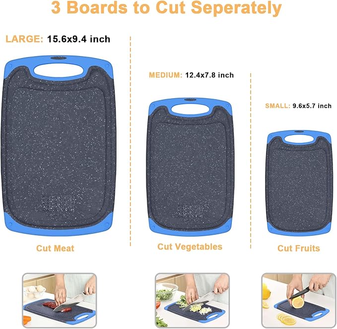 Viretang Non Slip Cutting Board, 3 Pieces Dishwasher Safe Cutting Boards with Juice Grooves, Easy Grip Handle, Non-Slip, with Grinding Area for Grinding Garlic and Ginger（blue）