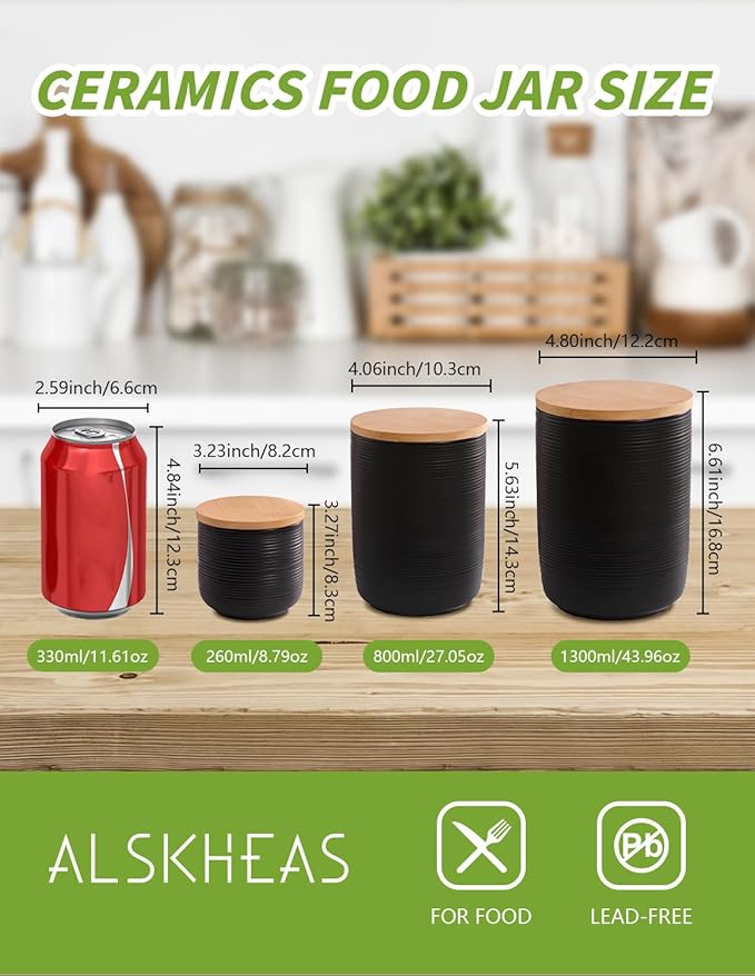 Ceramic Canister with Airtight Seal Lid, Kitchen Canisters for Countertop, Black Food Storage Jar for Flour, Coffee Bean, Sugar, Tea, Spices and More, Home Decor (800ml/27.05oz)