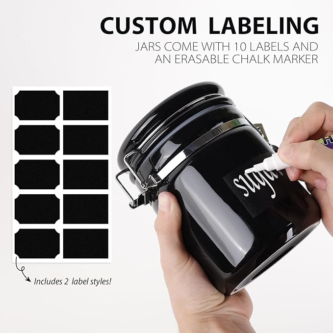 4-Piece Airtight Ceramic Canisters Set with Wooden Spoons & Chalk Labels – Perfect for Coffee, Sugar, Flour, Tea (Black) – Stylish & Leakproof Kitchen Storage