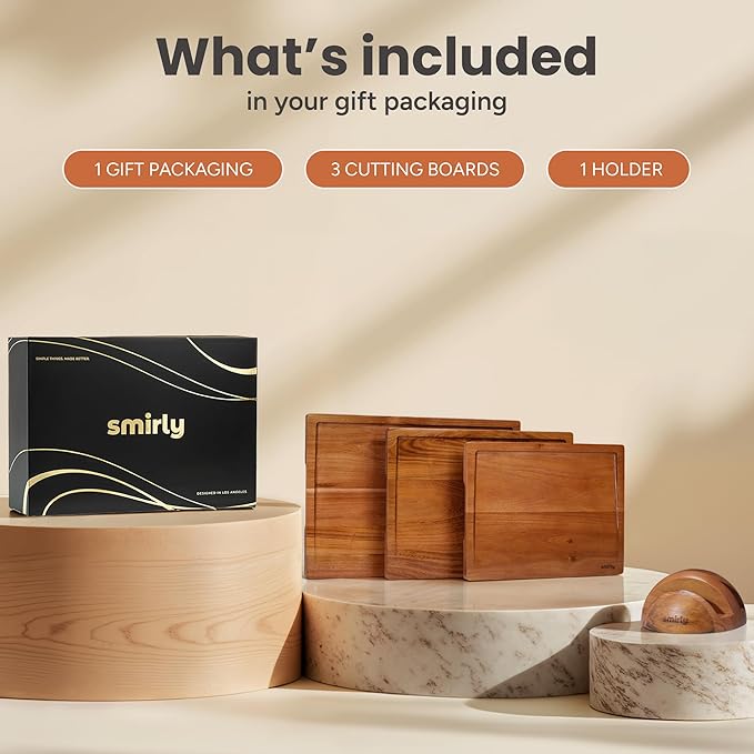 SMIRLY Wood Cutting Boards for Kitchen Wooden Chopping Board Set Reversible with Deep Juice Grooves Grip Handles, Large Charcuterie Tray, Ideal for Chopping Meat Vegetables Teak Wood, 3Pcs with Holder