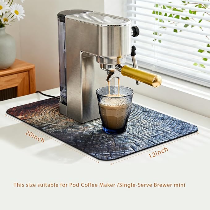 Coffee Mat 19x12 Inch, Wood Grain Coffee Drip Mat, Absorbent Hide Stain Rubber Backed Dish Drying Mat for Kitchen Counter, Bar Mats for Countertops, Under Coffee Bar Maker Machine Pot Espresso Staion