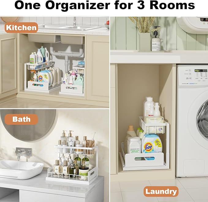REALINN Under Sink Organizer, Pull Out Cabinet Organizer, 2 Tier Metal Slide Out Shelf with L Shaped Design, Under Cabinet Storage for Kitchen, Bathroom, Laundry, Deep Cabinet Shelf Storage, White
