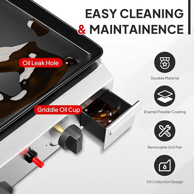 ROVSUN 2 Burner Portable Propane Griddle with Electronic Ignition, 20000 BTU Rolling Flat Top Gas Grill with Nonstick Enameled Tray, Side Shelves & Regulator for Outdoor Cooking Camping BBQ Tailgating