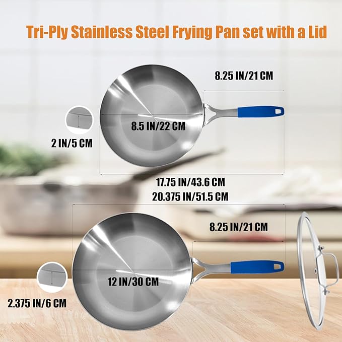 Inqibee 8.5-12 Inch Tri-Ply Stainless Steel Frying Pan set with a Lid, Skillets, Chef's Pan, Induction Cooking Pans Set, All Cooktops, Dishwasher and Detachable Handle