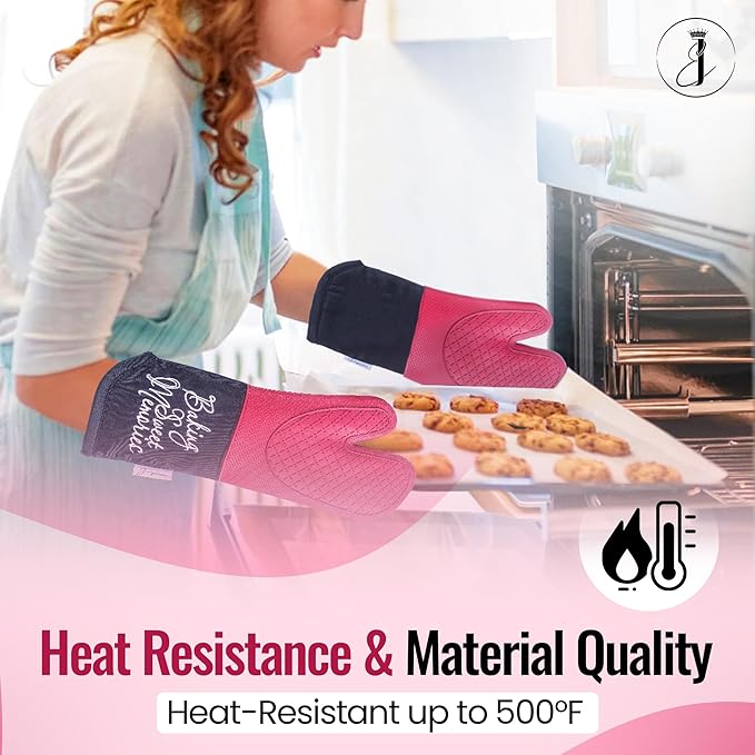 Mitts - Long Slip Resistant Pot Holders - Silicone Oven Mitts - Baking Gloves for Oven - Perfect for Baking, BBQ, Cooking, and Grilling, Oven Mitts Set of 2, 7''x13'' (Burgundy)