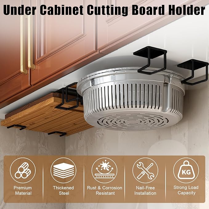 Under Cabinet Cutting Board Holder – 12 Pack Pot Lid & Chopping Board Organizer Rack, Stainless Steel Adhesive Storage for Kitchen Cabinets & Counter, No Drilling Required (Black)