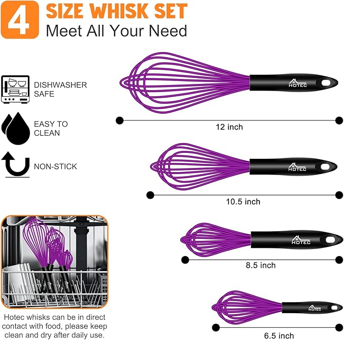 HOTEC 4 Pieces Silicone Whisks for Cooking, Wire Balloon Whisks Egg Beater, Non-Slip Handle Whisk for Non-Stick Cookware Perfect for Stirring, Beating and Blending, Stainless Steel, Purple