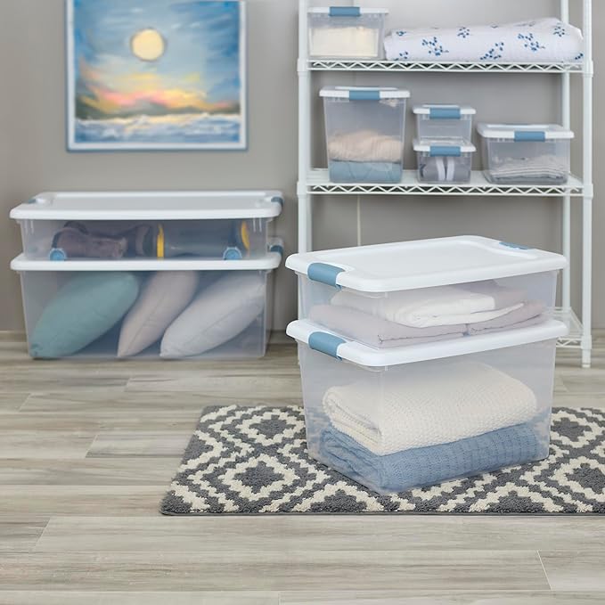 Sterilite 30-Pack Latching Box, Under Bed Storage Bins with Lids, Clear Plastic, 64 Quart - Heavy-Duty Organizing Containers for Closet, Bathroom, and Office