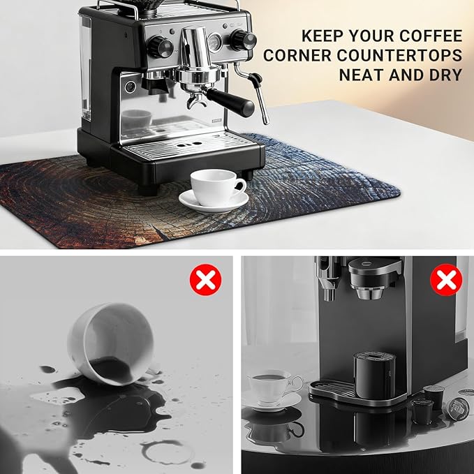 Coffee Mat 19x12 Inch, Wood Grain Coffee Drip Mat, Absorbent Hide Stain Rubber Backed Dish Drying Mat for Kitchen Counter, Bar Mats for Countertops, Under Coffee Bar Maker Machine Pot Espresso Staion