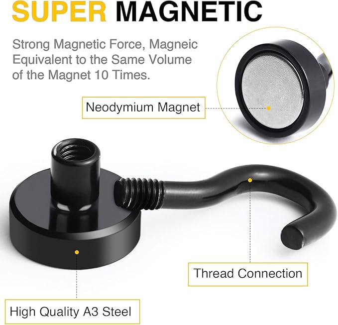 DIYMAG Magnetic Hooks for Refrigerator, Extra Strong Cruise Hook, Heavy Duty Earth Magnets with Hook Magnetic Hanger for Cabins, Grill (20P-Black) (Pack of 2)