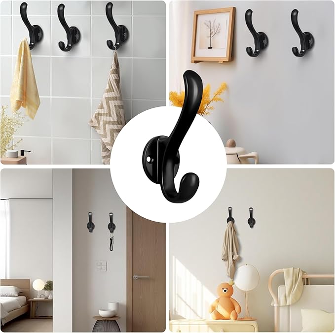 10 Pack Coat Hooks Wall Mount Heavy Duty Utility Retro Double Hooks for Hanging Coats,Hat, Towel, Key, Robe, Scarf, Bag, Cap (Black)
