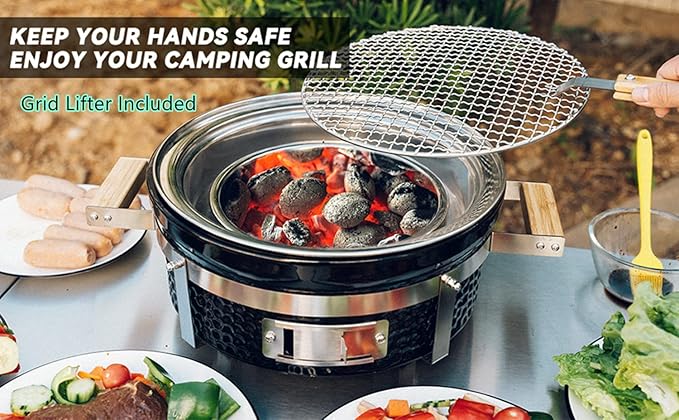 Ceramic Hibachi Charcoal Grill with Grid Lifter, 14" Portable BBQ Yakitori Grill with Stainless Steel Grate for Outdoor Patio Backyard Barbecue Cooking, GS305
