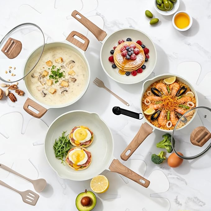 NEWBULIG 25-Piece Nonstick Cookware Set, Granite Pots and Pans with Lids, Induction Compatible Nonstick Cooking Set with Frying Pans & Saucepans, Cream White