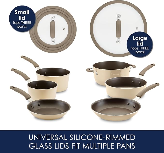 Rachael Ray Cook + Create Nonstick Cookware Pots and Pans Set, Includes Baking Sheet Pan and Cooking Utensil, 10 Piece - Almond