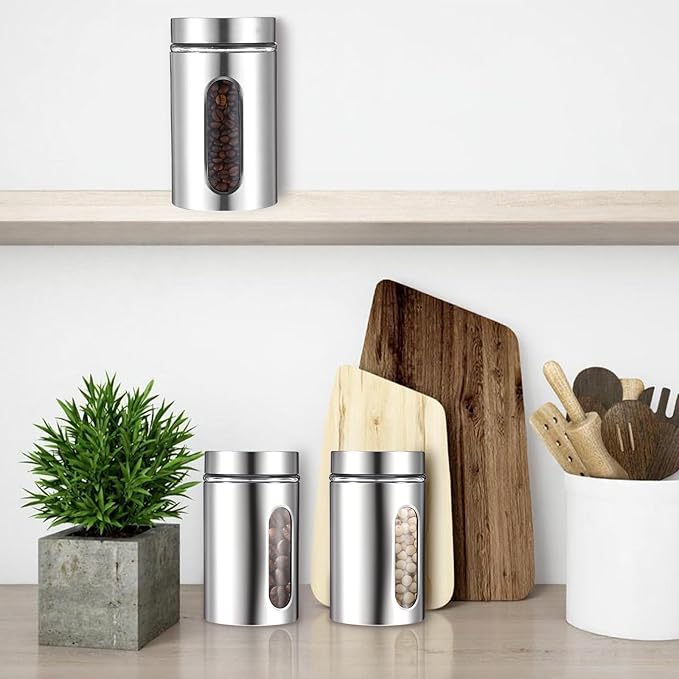 3 Pack Large Kitchen Canisters Set Airtight Coffee Sugar Tea Candy Storage Jars with Window Glass Stainless Steel Containers with Lids for Flour Cookies Spices Grains Kitchen Decorations(32 oz)