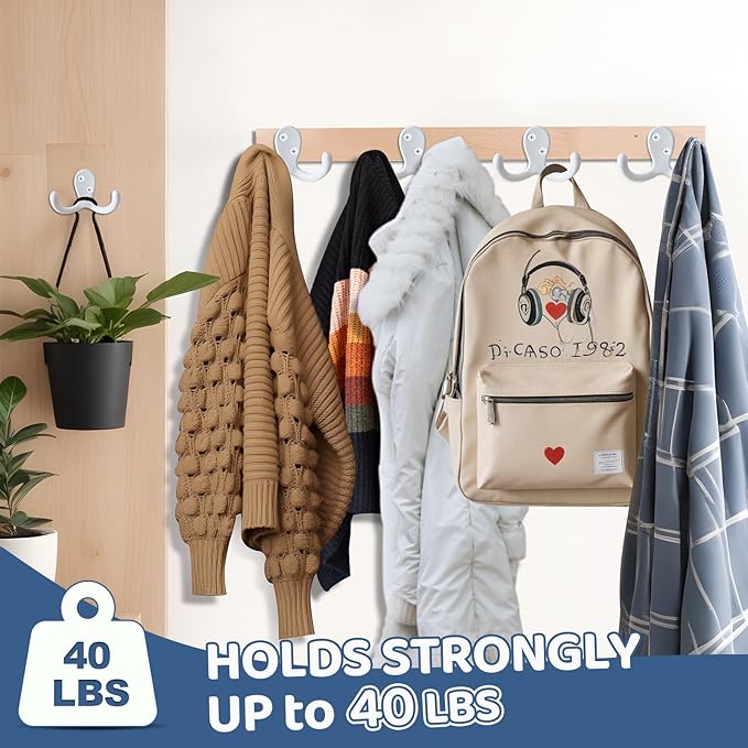 20 Pack Coat Hooks Wall Hooks for Hanging, Heavy Duty Double Prong Metal Hook Wall Mounted for Living Room, Bathroom, Kitchen, Bedroom for Coat, Bag, Scarf, Towel, Hat, Key, Cup (White)